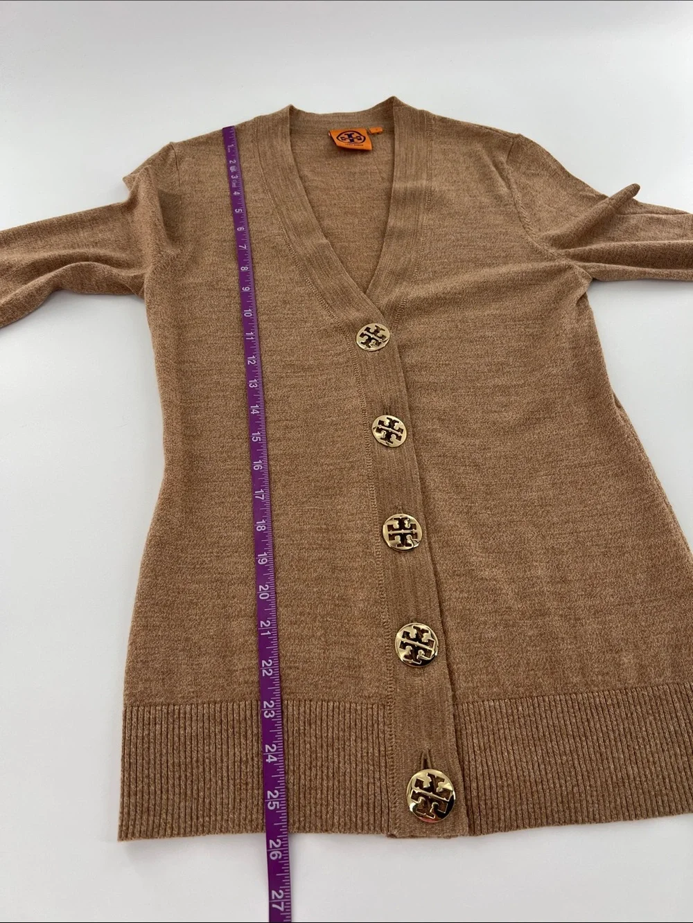 Tory Burch Neutral V‑Neck Button Front Cardigan Preppy Academia Classic Staple